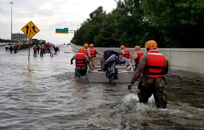 Texas National Guard soldiers arrive in Houston to aid residents in heavily flooded areas from the storms of Hurricane Harvey on August 27, 2017. Texas Army National Guard photo by 1st Lt. Zachary Wes