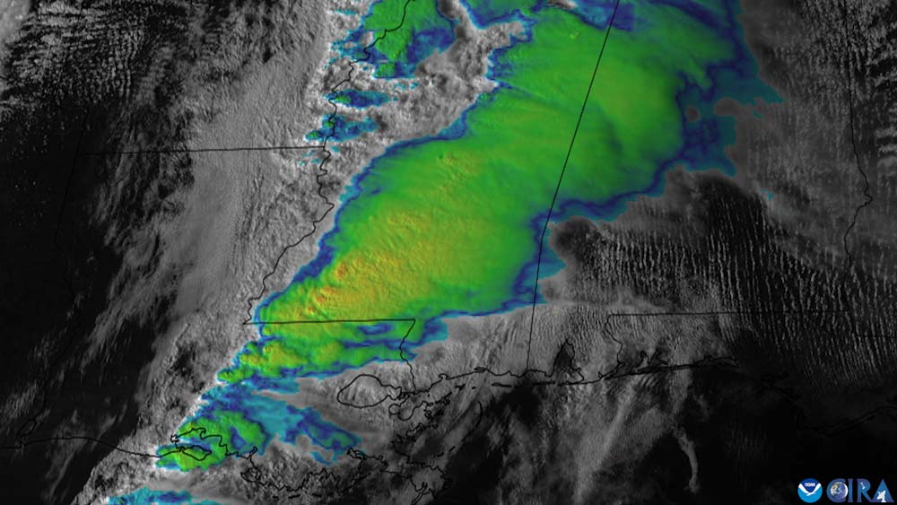 An image of squall line of a severe thunderstorm from GOES-16