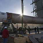 View HIGHEST REZ Version in new window. GOES-S Atlas V First Stage Booster Prepared for Lift to Vertical on Stand (LVOS)
