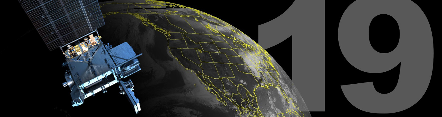 Image of GOES Satellite pointing toward earth and North America in view with the number 19 in the background.