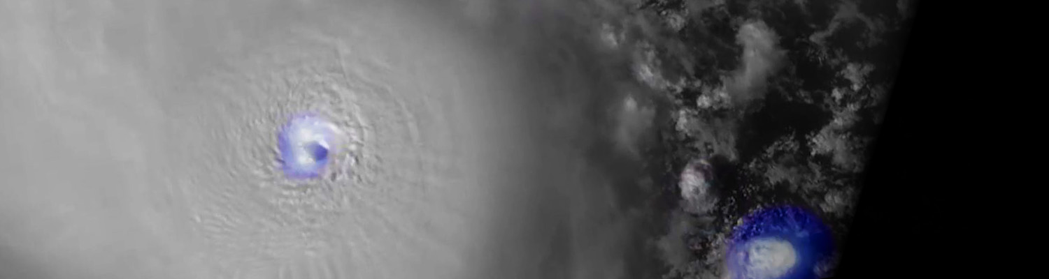 Image of satellite cloud formations and GLM lightning data composited during a hurricance near florida